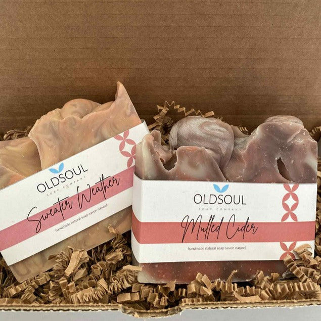 Winter soap gift set featuring four handmade bar soaps with textured autumnal-colored wrappers and botanical illustrations