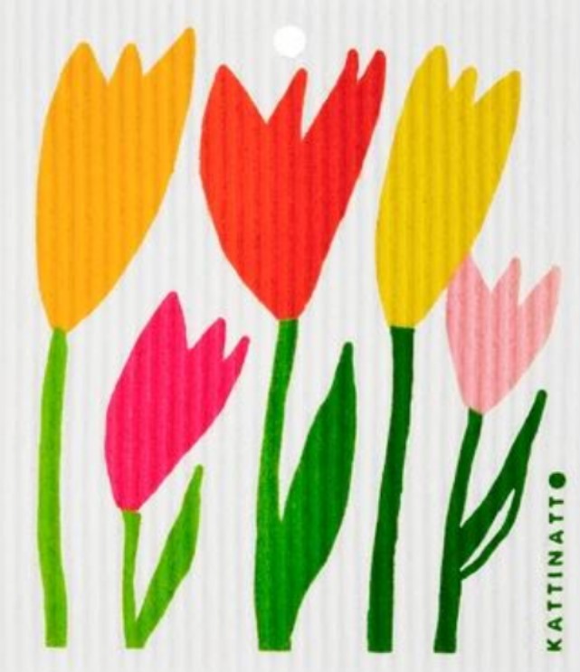 Yellow and pink tulips Kattinatt Swedish dishcloth reusable eco sponge cloth cellulose cotton floral design sustainable cleaning Canada