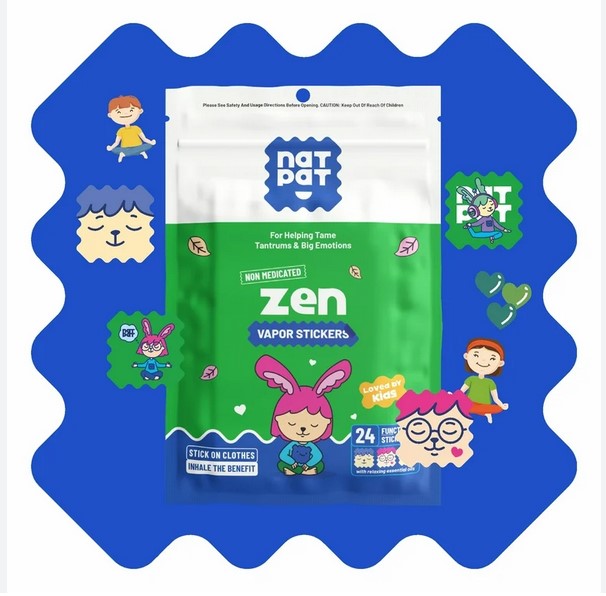 Close-up of ZenPatch stickers showing textured calming symbols and vibrant green and blue printed surface