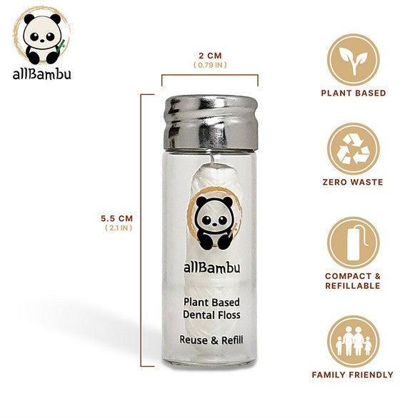 Close-up of allBambu Plastic-free Eco Dental Floss spool's textured biodegradable hemp fiber surface and natural bamboo