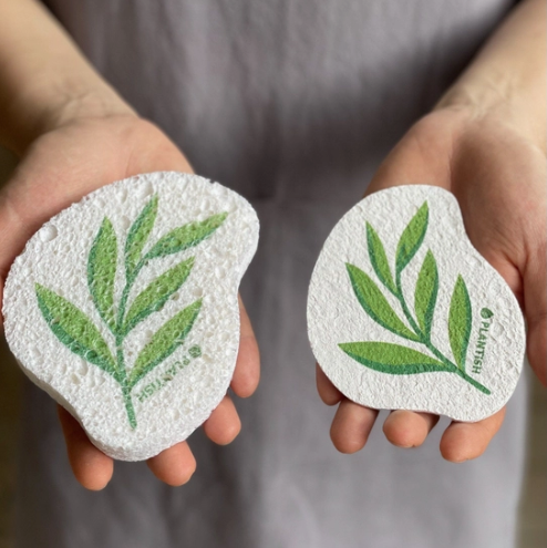 Plantish eucalyptus pop up sponge with natural green cellulose surface, compact size, and textured zero waste design for
