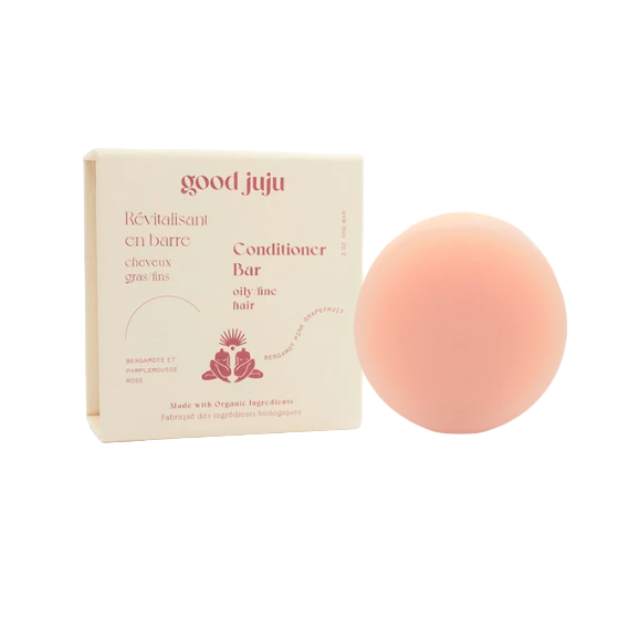 Good Juju bergamot and pink grapefruit conditioner bar for fine, oily hair with citrus scent and lightweight, volumizing