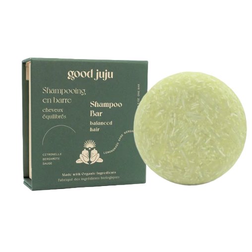 Good Juju shampoo bar for normal, balanced hair with organic ingredients, fresh citrus scent, smooth texture, and