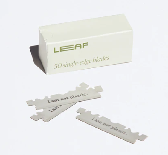Leaf brand stainless steel single edge razor blades in a 50-pack for precise leaf shave grooming.