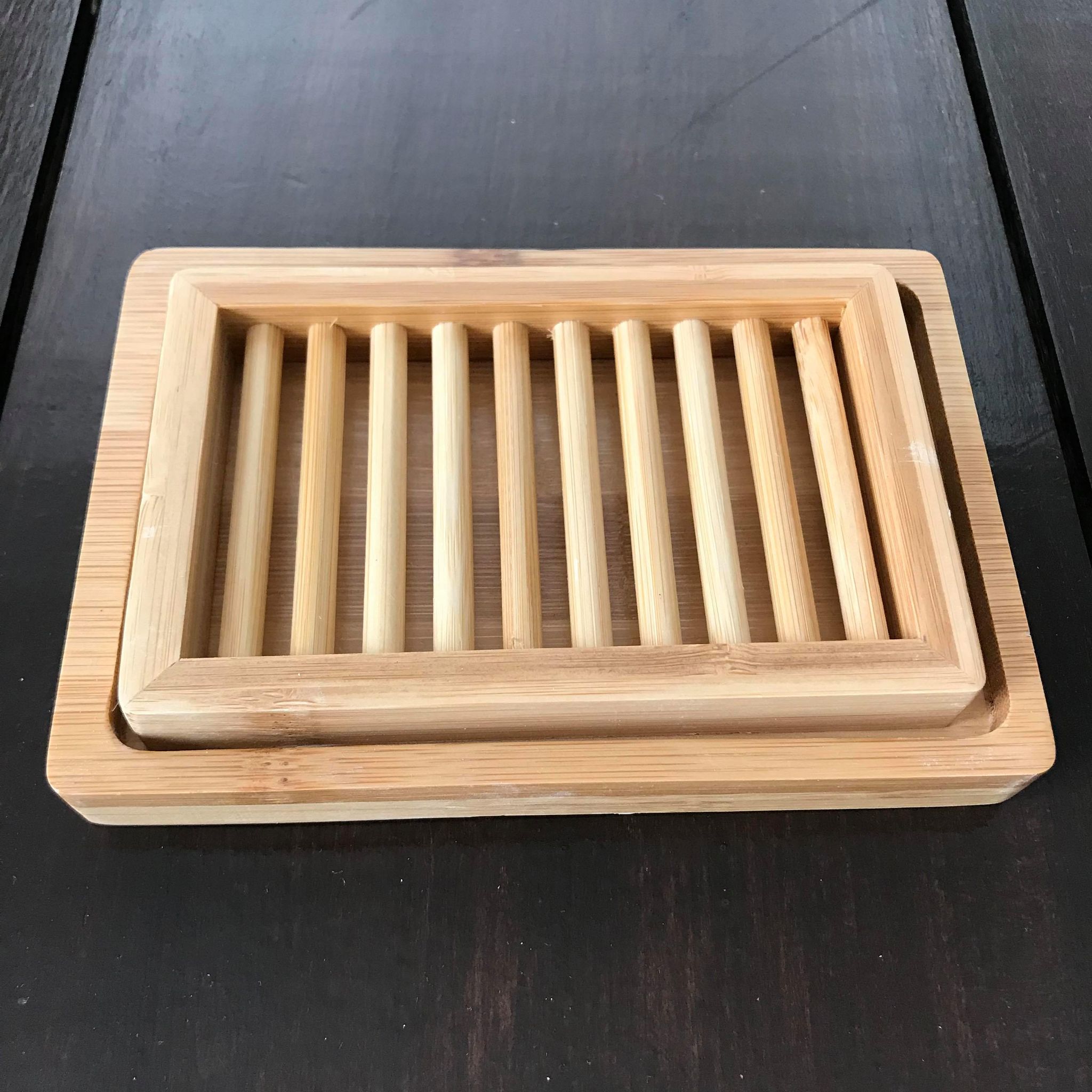 Plantish dual layer bamboo soap dish with drainage holes, light natural finish, compact size, and raised ridged surface for
