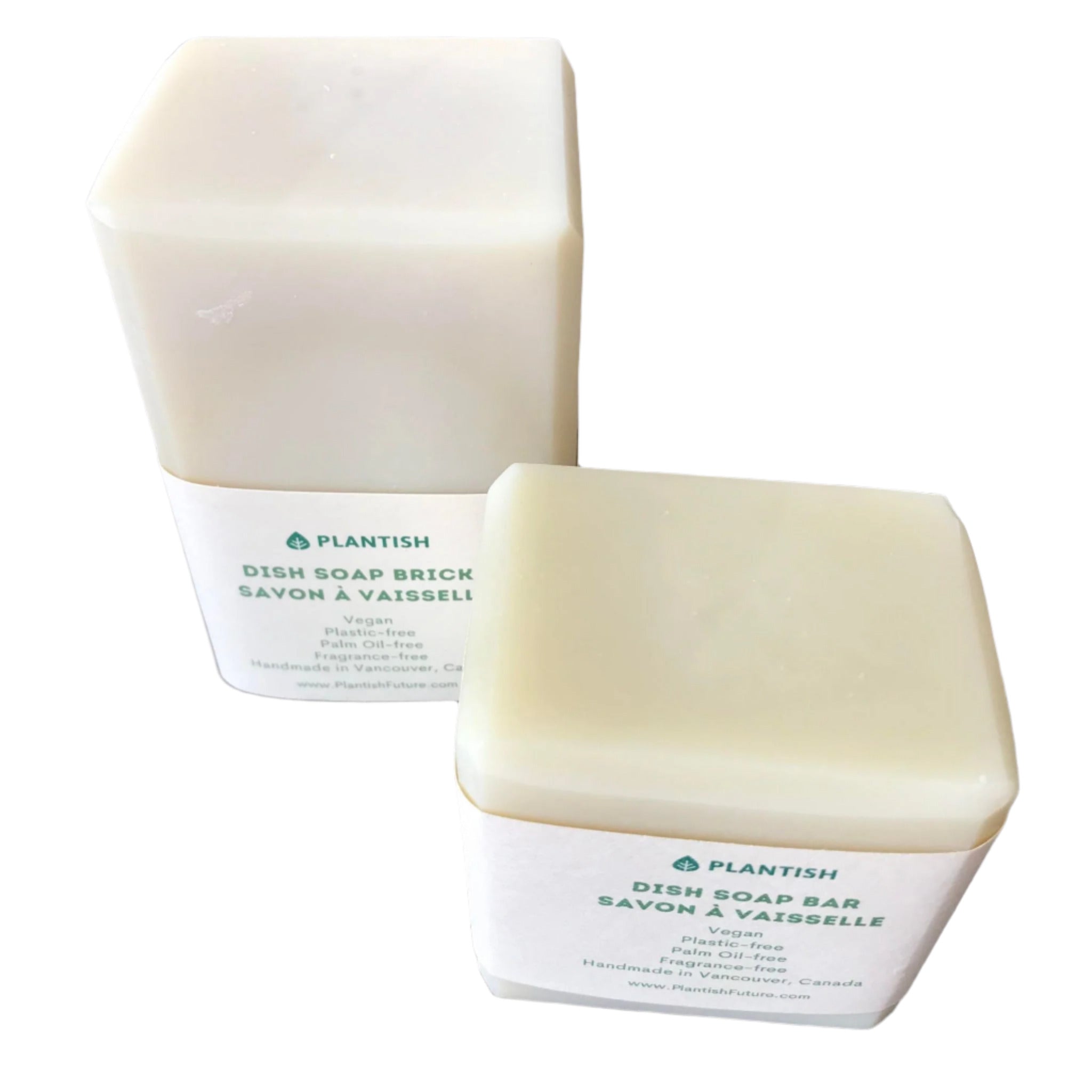 Plantish biodegradable dish soap bar in rectangular white block with textured surface, scent-free and grease-cutting features