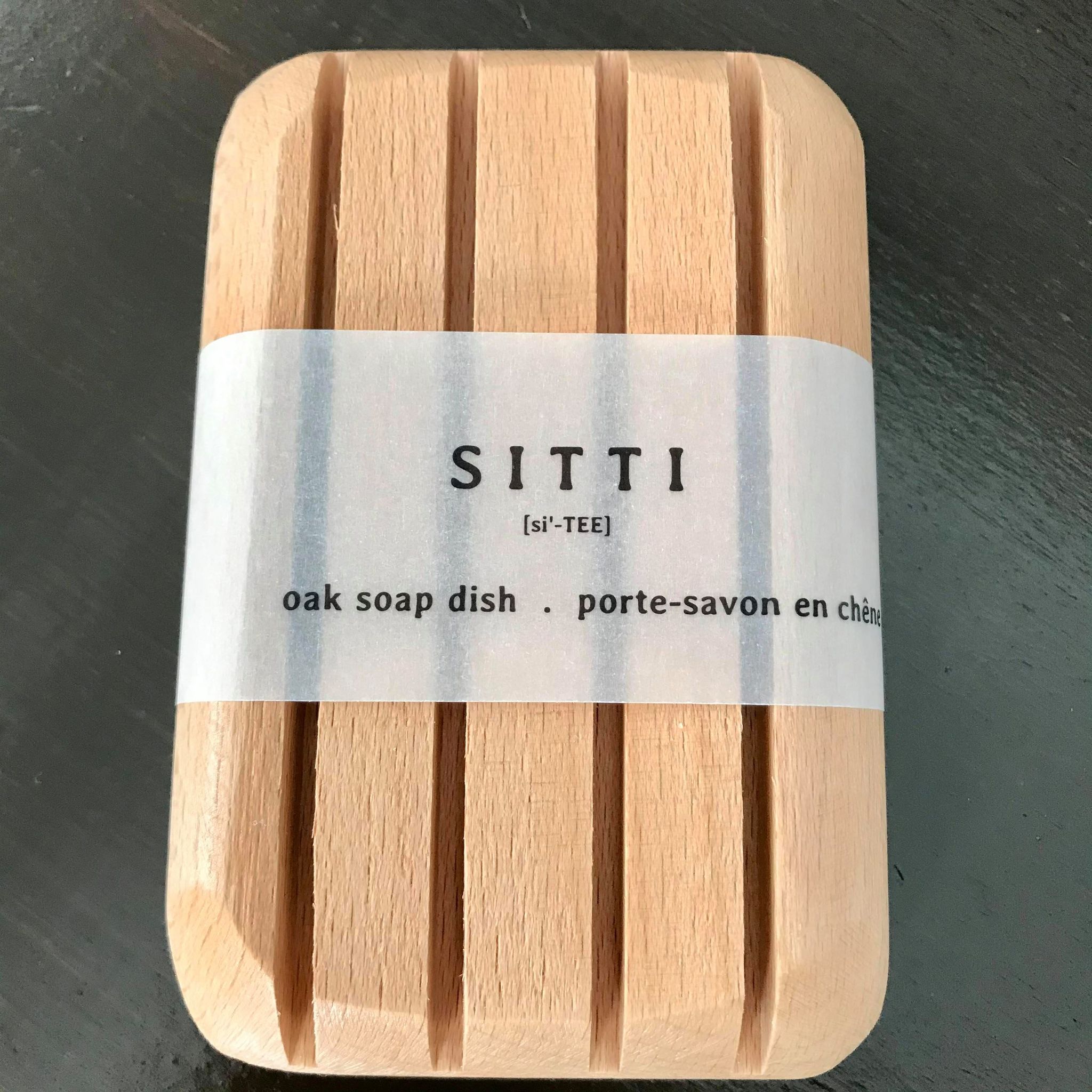 Sitti Soap wood soap dish with drainage slats, natural oak finish, 4x3 inches, textured bamboo surface for bath and shower