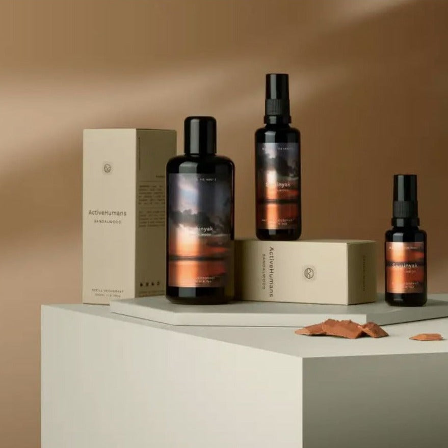 Active Humans natural sandalwood spray deodorant bottle with black cap and textured matte finish, 4 oz, vegan and Canadian