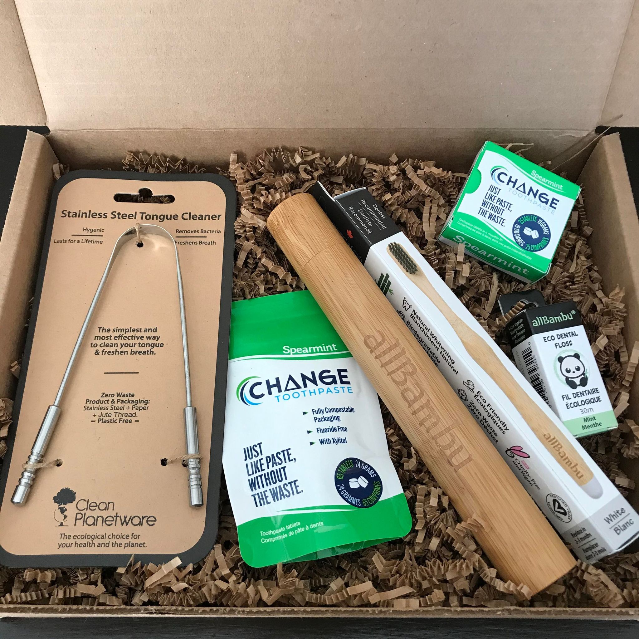 Sustainable Brands Spearmint Oral Care Kit with bamboo toothbrush, allBambu floss, and toothpaste tablets in eco-friendly