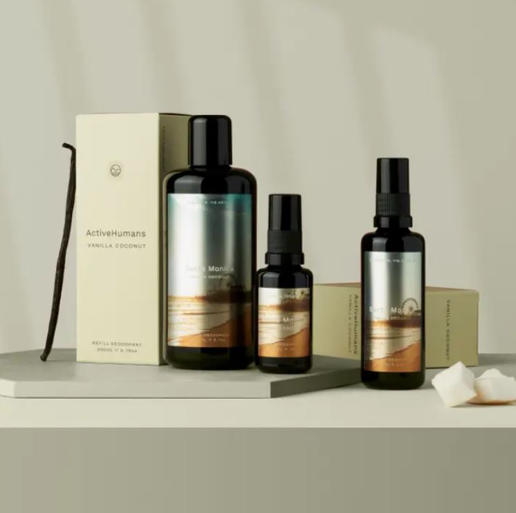 Active Humans Vanilla Coconut vegan spray deodorant bottle with white cap, 100ml, featuring Coconut and Vanilla scent labels