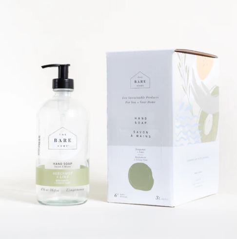 Bergamot Lime liquid hand soap in clear plastic pump bottle with white label, The Bare Home, Canadian made, refill
