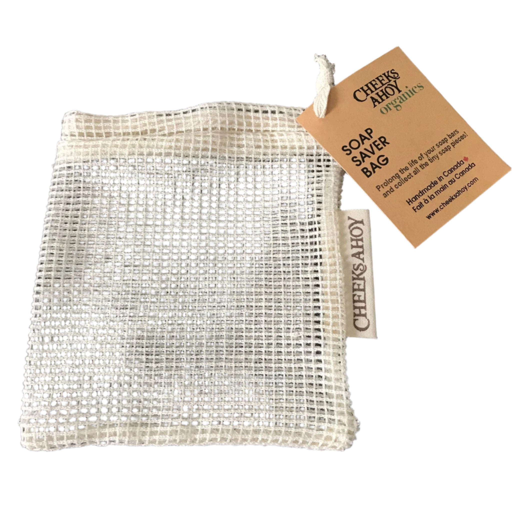 Cheeks Ahoy cotton mesh soap saver bag for lathering and soap scraps, Canadian made, lightweight bath and shower accessory