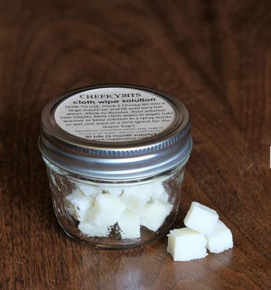 Cheeks Ahoy Cheeky Bits Cloth Wipe Solution bottle with white plastic container, blue label, and clear liquid, 8 oz size