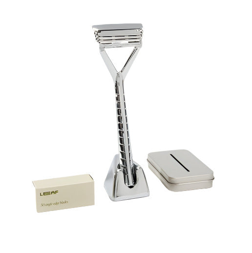 Leaf Chrome Razor Kit with textured stainless steel handle and adjustable head, in sleek chrome finish, for precise shaving