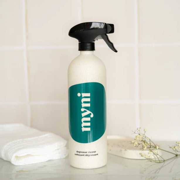 Close-up of the wheat straw material and textured surface of the Myni reusable spray bottle with clear capacity markings