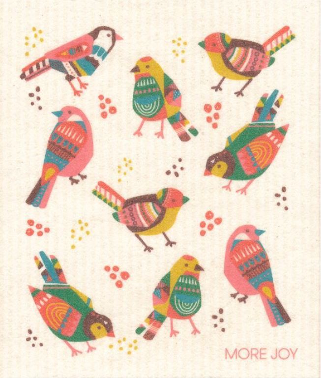 Folk Birds More Joy dishcloth by More Joy featuring colorful illustrated bird designs on eco-friendly, compostable Swedish