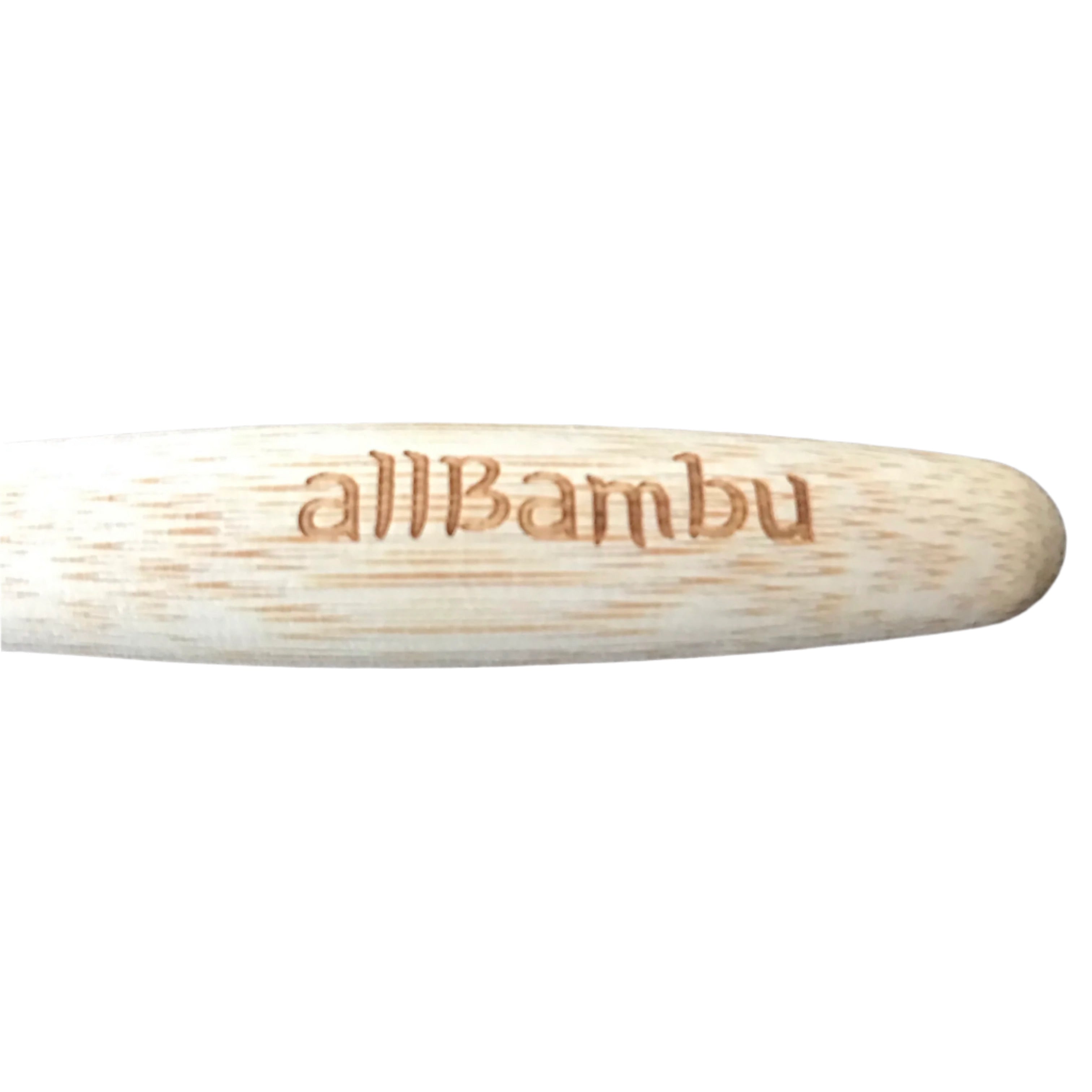 Close-up of the allBambu toothbrush handle’s textured bamboo surface with engraved branding and natural wood grain detail.