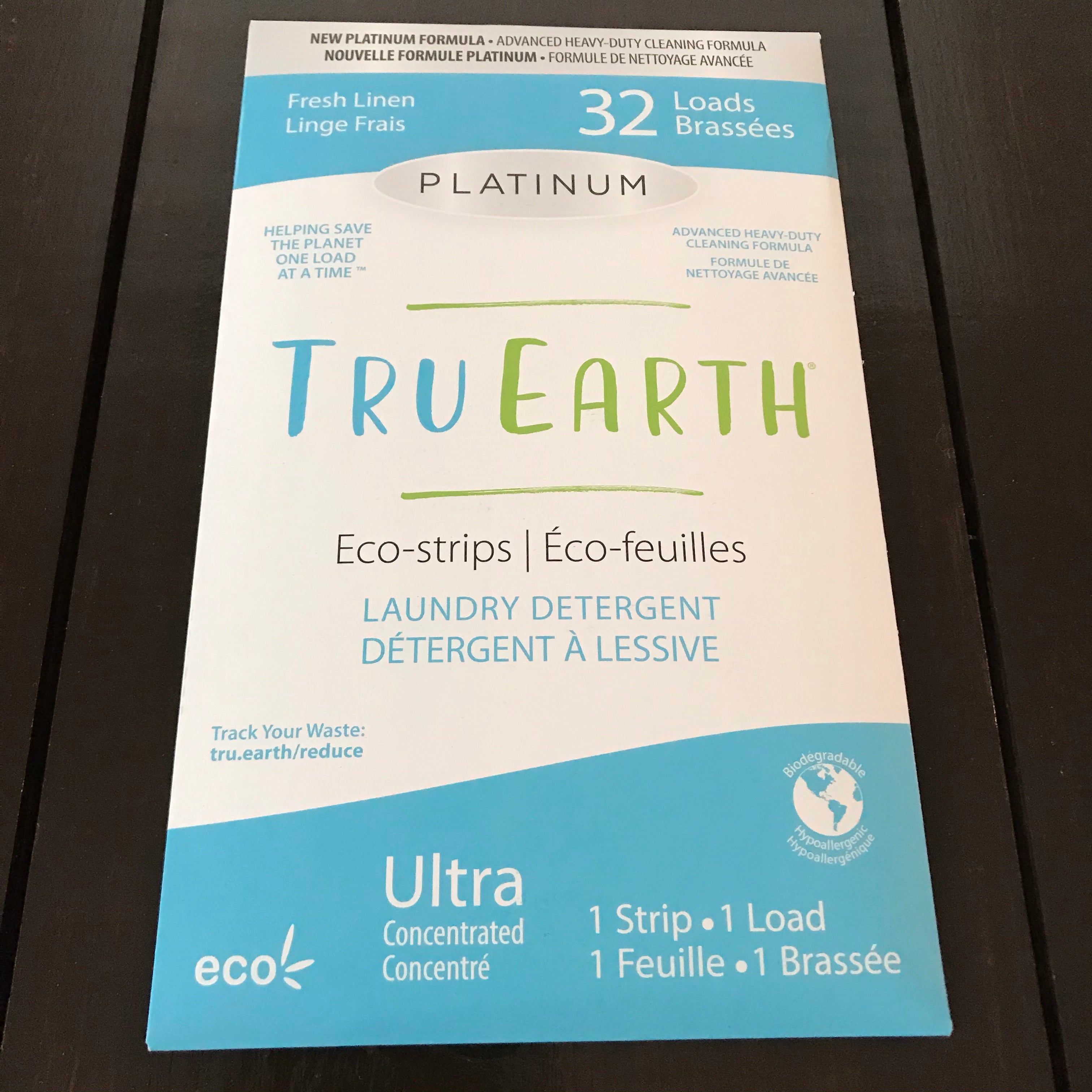 Close-up of Tru Earth Eco Strips laundry detergent pouch's textured surface and eco-friendly label details
