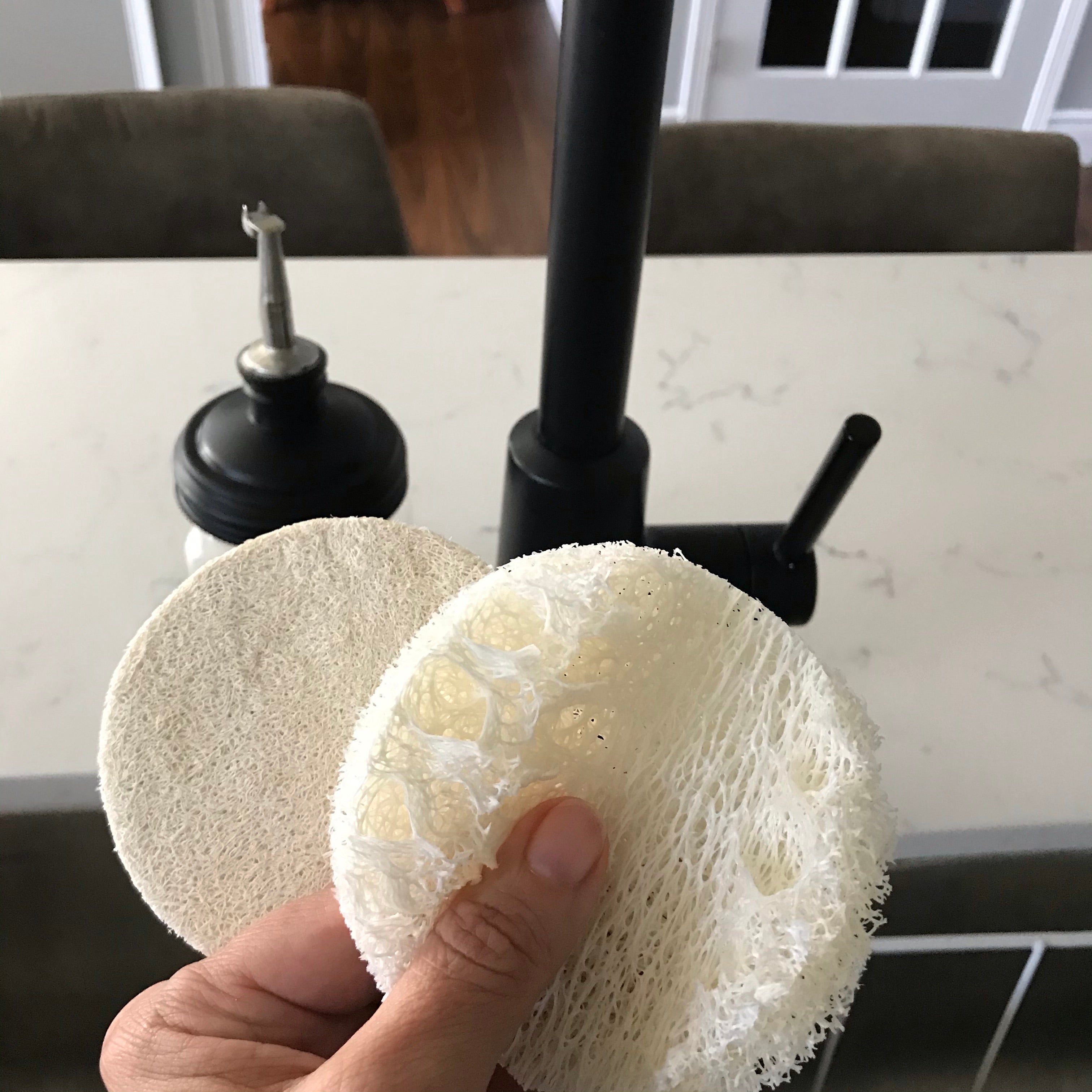 Round biodegradable loofah sponge from Simply Natural Canada, 4-inch natural fiber bath and kitchen scrubby, eco-friendly