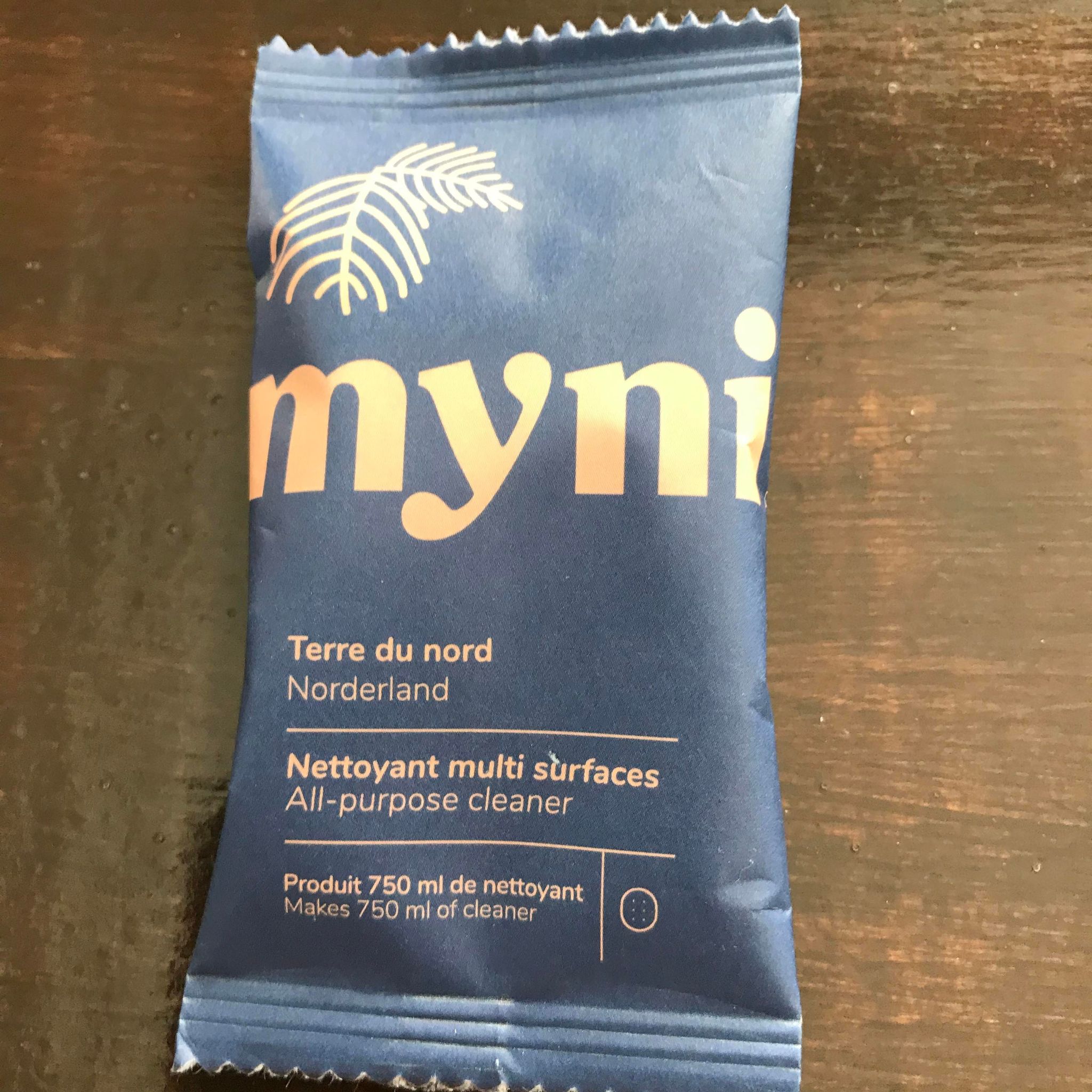 Close-up of Myni All Purpose Cleaner Tablets showing textured surface and embossed logo on packaging label