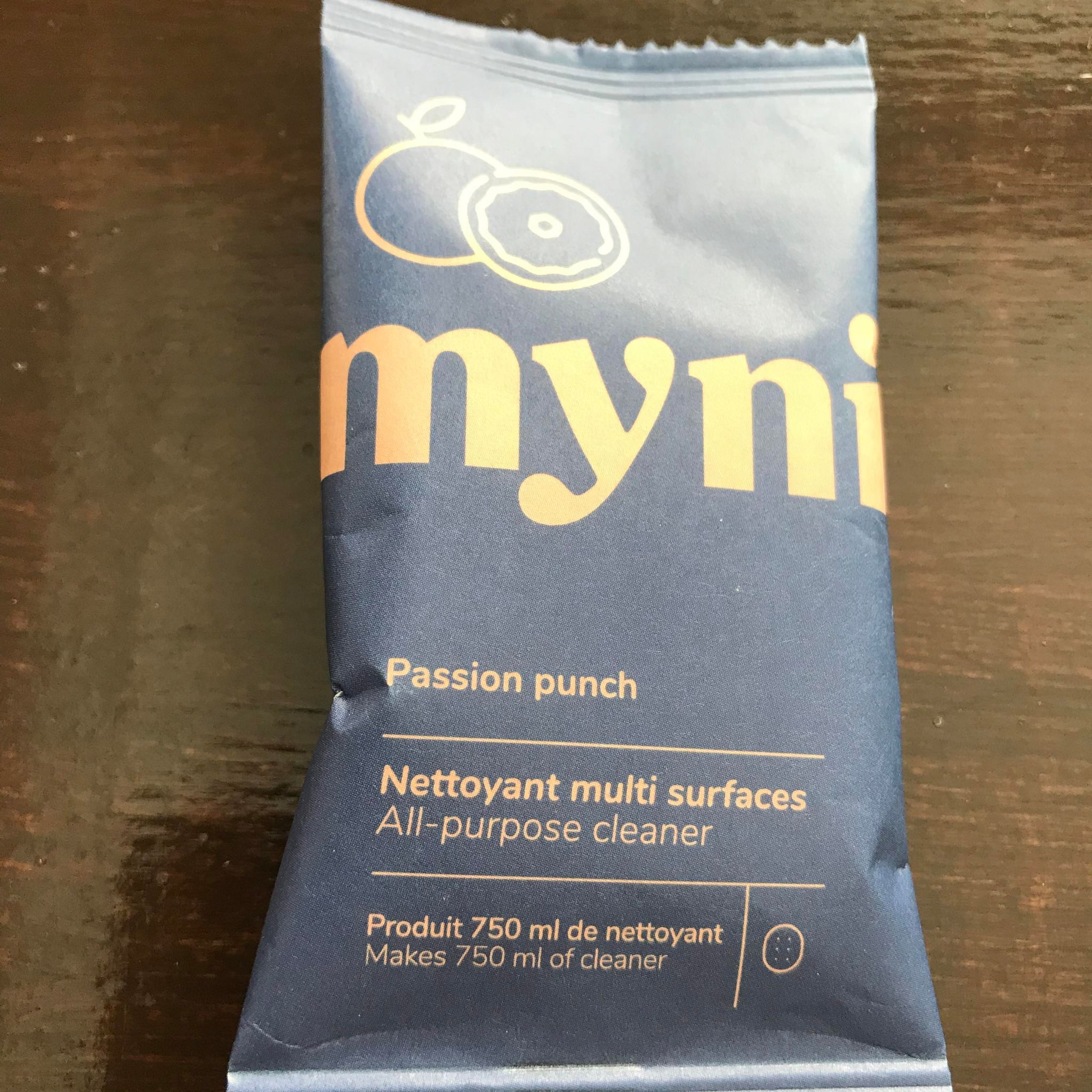 Close-up of Myni All Purpose Cleaner Tablets packaging showing detailed ingredient list and eco-friendly labeling