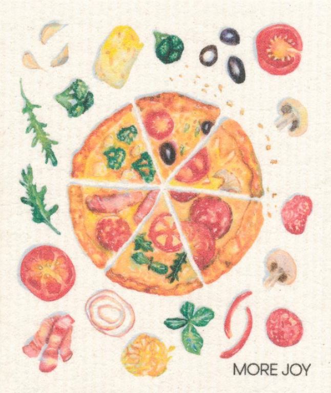 More Joy Pizza Dishcloth in colorful, biodegradable Swedish cloth with textured surface, 12x12 inches, eco-friendly kitchen