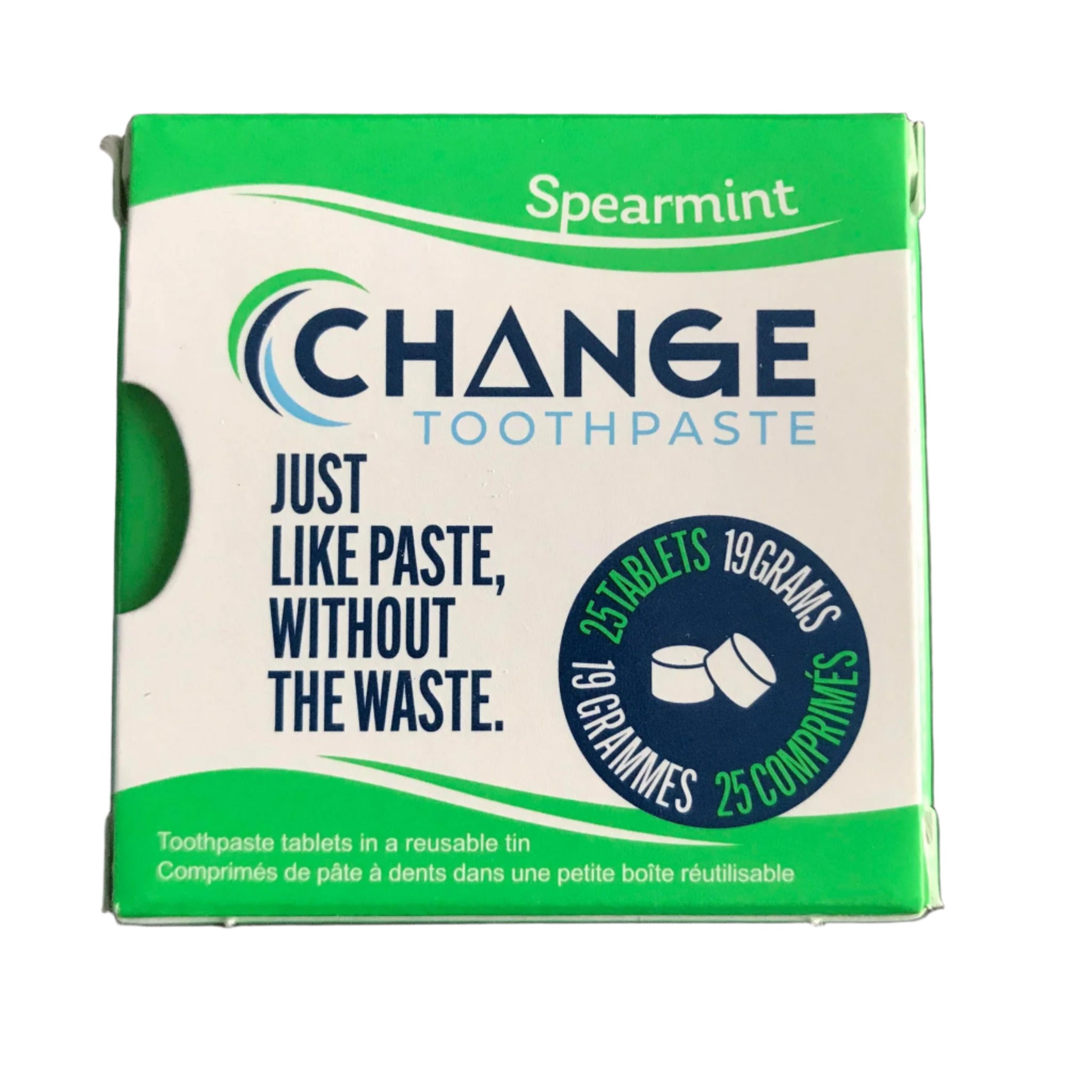 Close-up of Spearmint flavor label on the Change Toothpaste Tablets tin, highlighting the textured metallic finish and