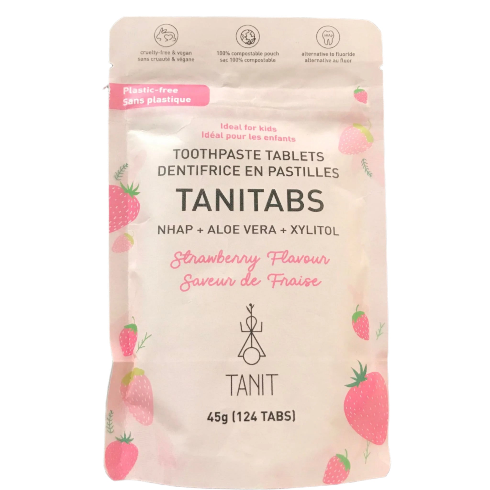 Close-up of TANITABS Strawberry Toothpaste Tablets container lid showing textured finish and clear branding detail