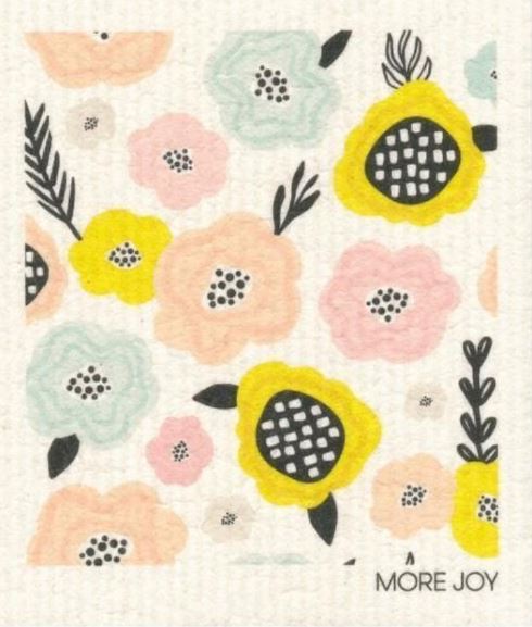 More Joy Summer Flowers Swedish dishcloth with colorful floral print, eco-friendly, compostable sponge material, 8x8 inches