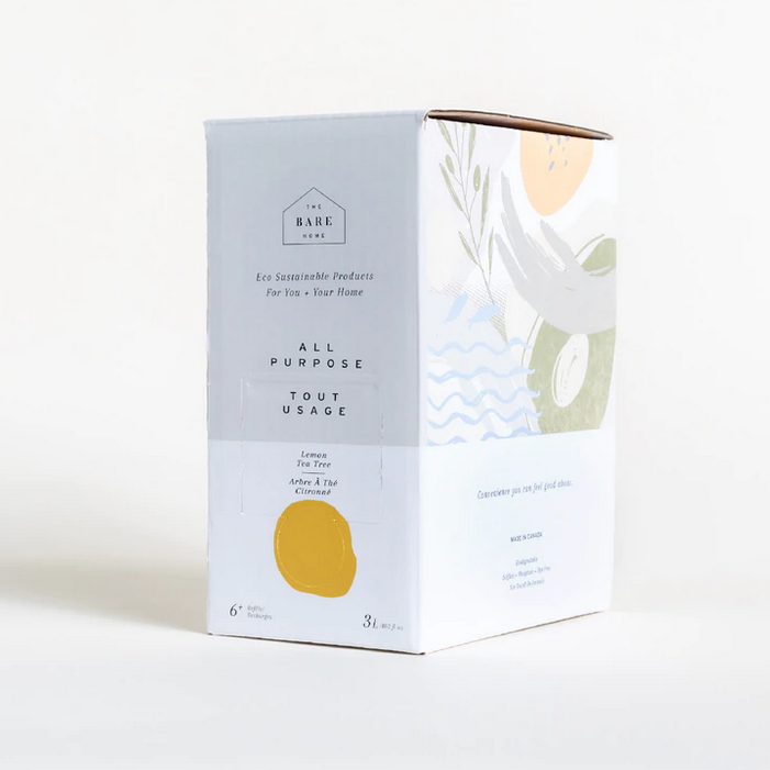 Close-up of Lemon Tea Tree All Purpose Cleaner label highlighting natural ingredients and eco-friendly packaging details