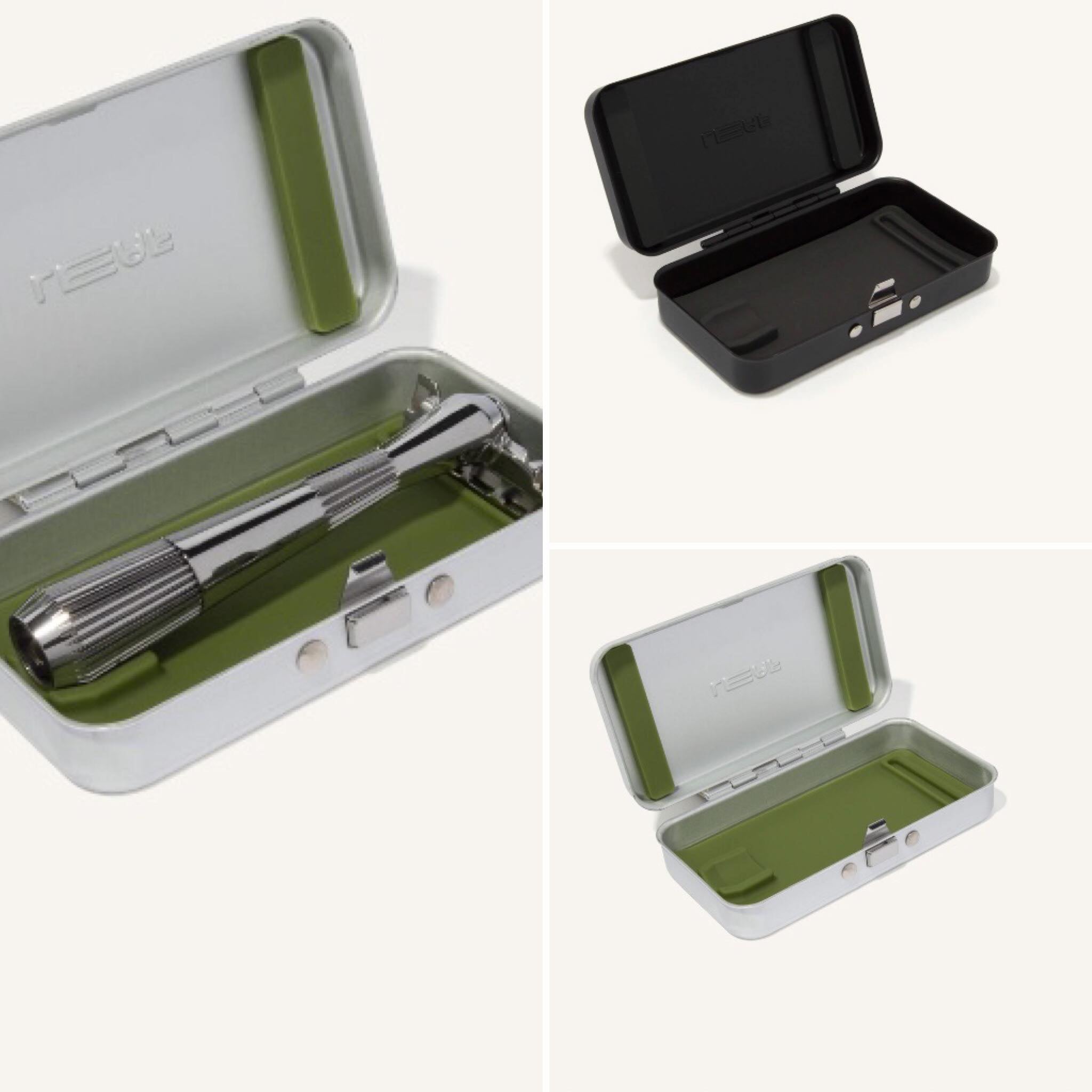 Leaf Shave Twig and Thorn cases in black silicone with textured exterior, compact travel case for Thorn and Twig razors, 4x2