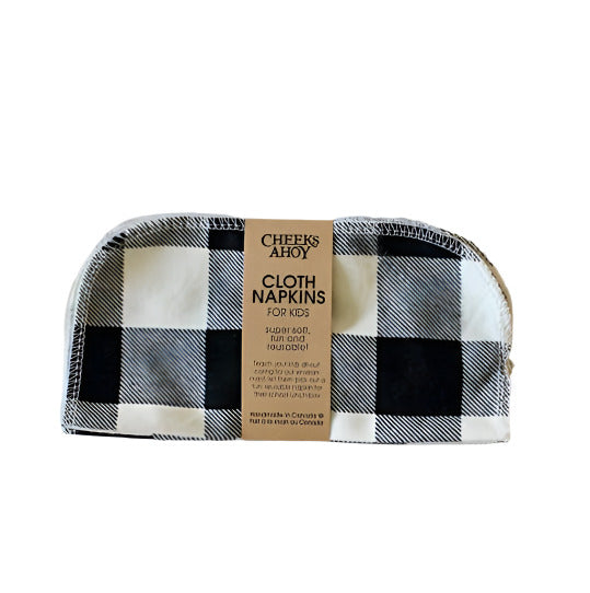 Cheeks Ahoy black and white plaid reusable cloth napkins, 12x12 inches, cotton blend, Canadian-made kitchen essentials